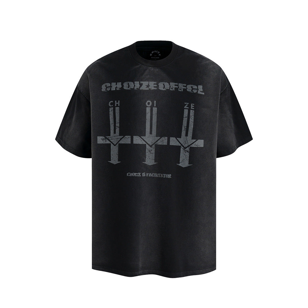 Nostalgia T Shirts Vintage Crew Neck T-Shirt Embroidered Letters Loose Casual