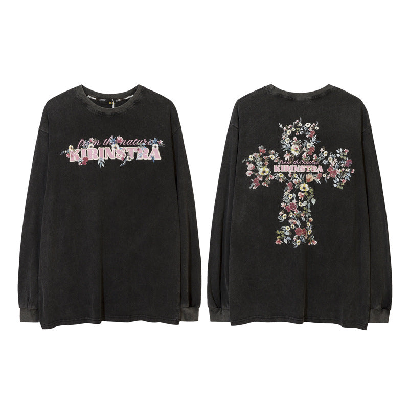 Vintage T Shirts Hip Hop Washing Water Old Cross Print Long Sleeve T-Shirt