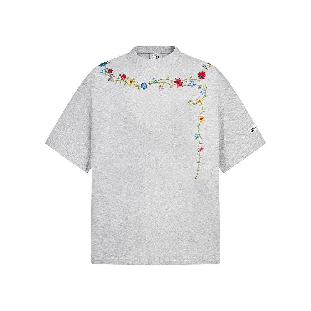 Hip Hop Clothes New York Vintage Floral Embroidery Summer Short Sleeve T-Shirt Crew Neck Top