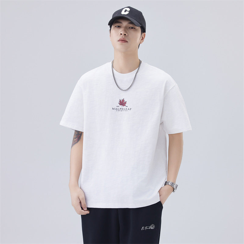 Men T-shirts Summer Short Sleeve Loose Maple Print Top