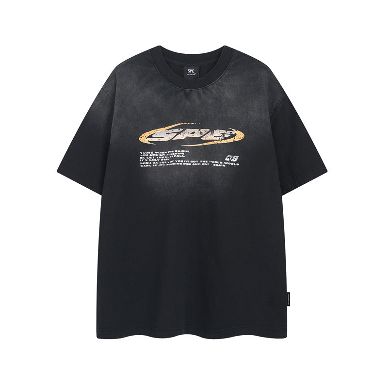 Y2K mens shirt washed tie-dye spray-painted letters hip-hop retro waste crew neck men's short-sleeved T