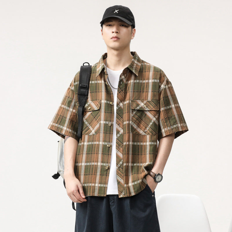 Mens T-shirts Plaid Short Sleeve Shirt Summer Loose