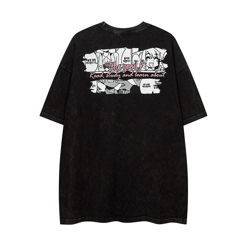 Vintage T Shirts Hip Hop Vintage Cartoon Wash Short Sleeve T-Shirt