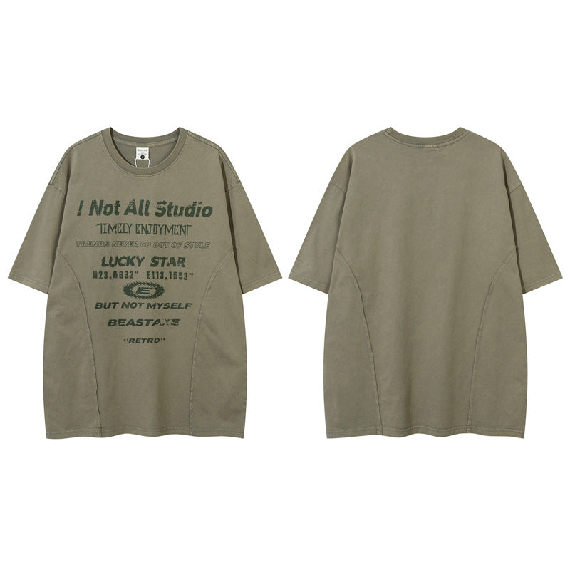 Y2K mens shirt washed splicing alphabet hip hop retro short sleeve t-shirt