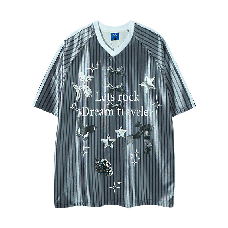 Nyc 1990 Shirt Striped V-Neck Short Sleeve T-Shirt