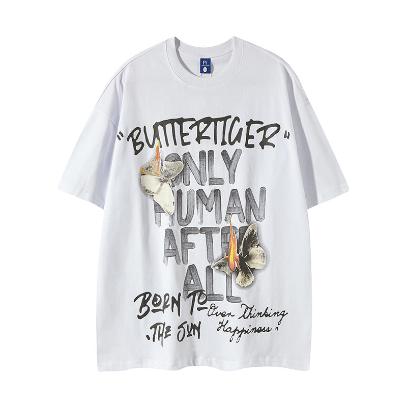 New York Hip Hop Style Butterfly Graffiti Letter Crew Neck Short Sleeve T-Shirt