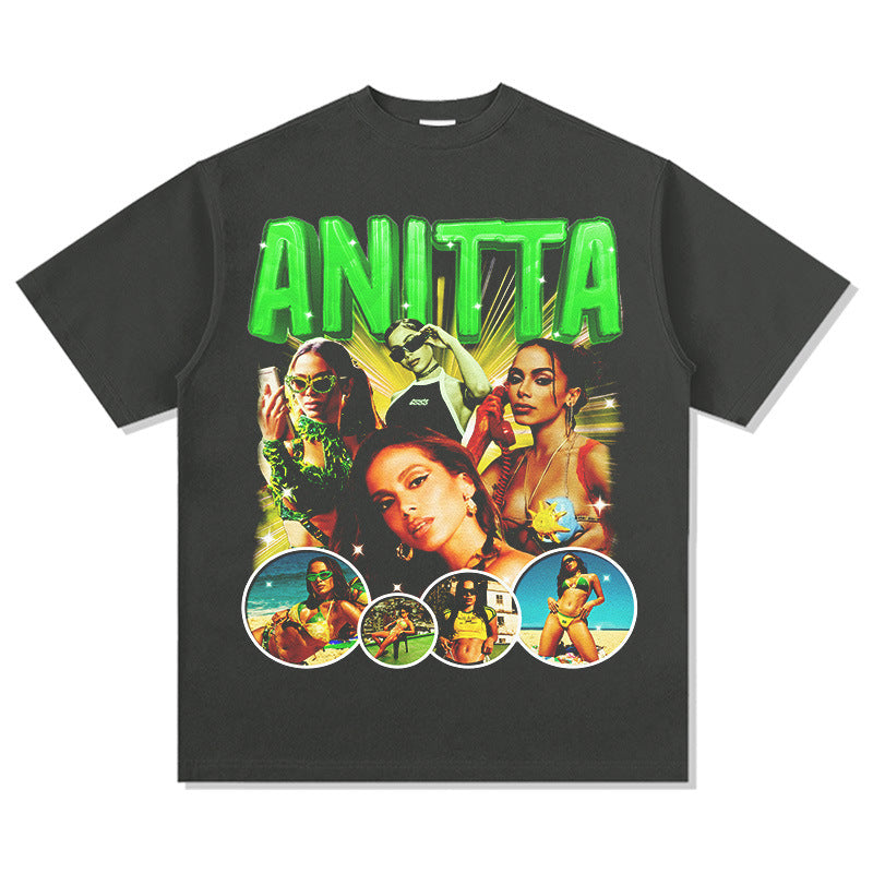 Outfit streetwear vintage hip hop Anitta print short sleeve t-shirt