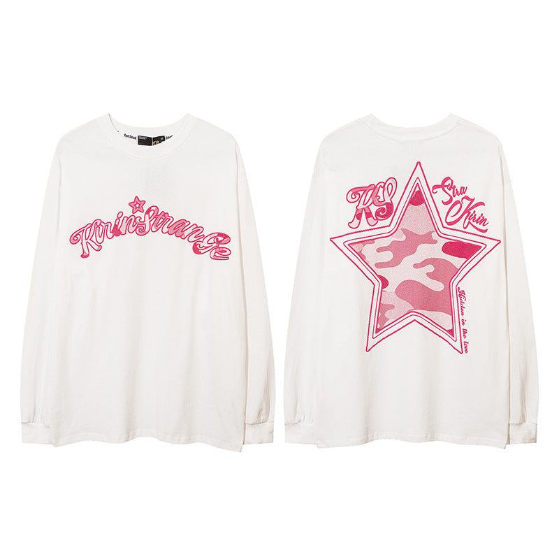 Vintage T Shirts Hip Hop Star Letter Foam Print Long Sleeve T-Shirt