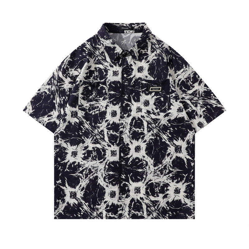 Y2K mens shirt retro loose casual short-sleeved tie men's shirt