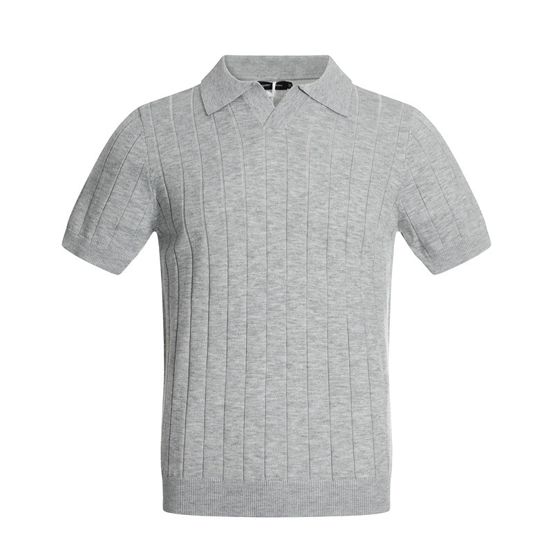 Casual Street Wear Vintage Striped Knitted Sweater V-Neck Short Sleeve POLO Shirt Top