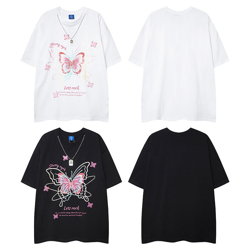 Nostalgia T Shirts Butterfly Print Necklace Short Sleeve T-Shirt