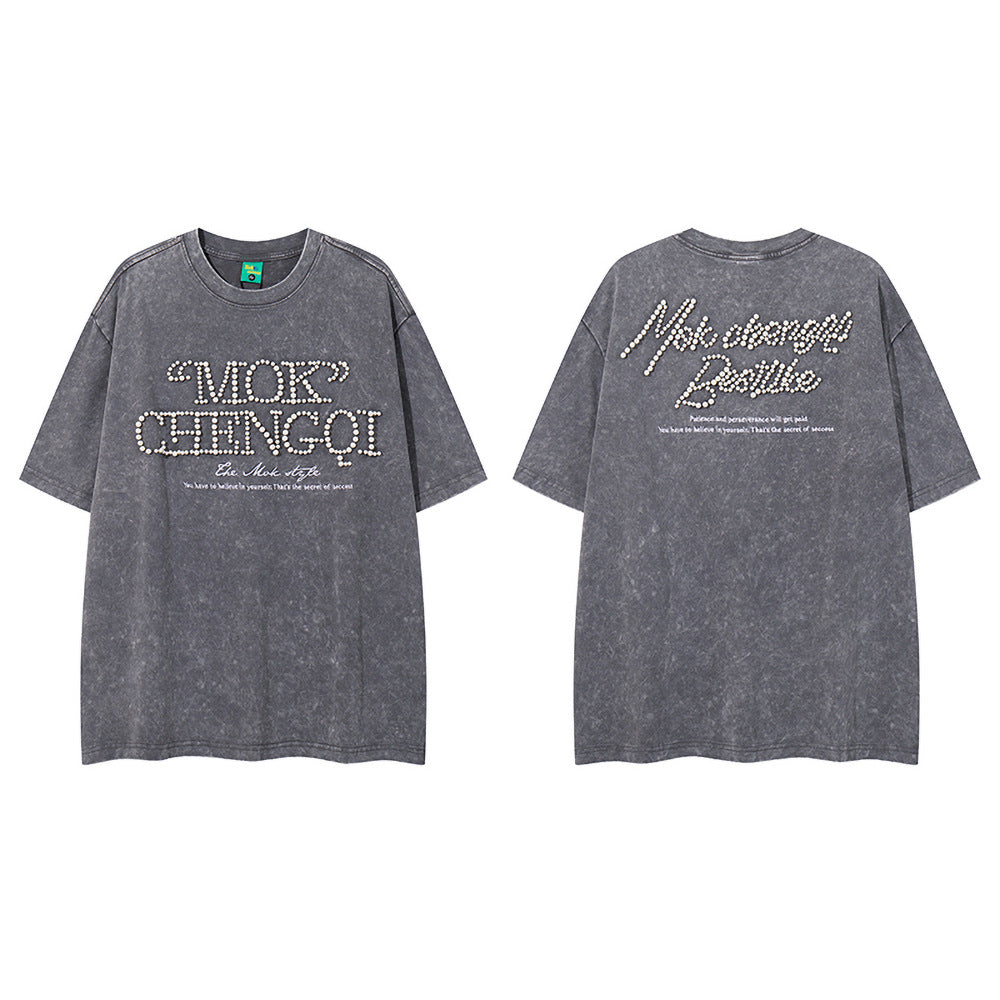 Nostalgia T Shirts Vintage Pearl Letter Short Sleeve T-Shirt Summer Crew Neck Top