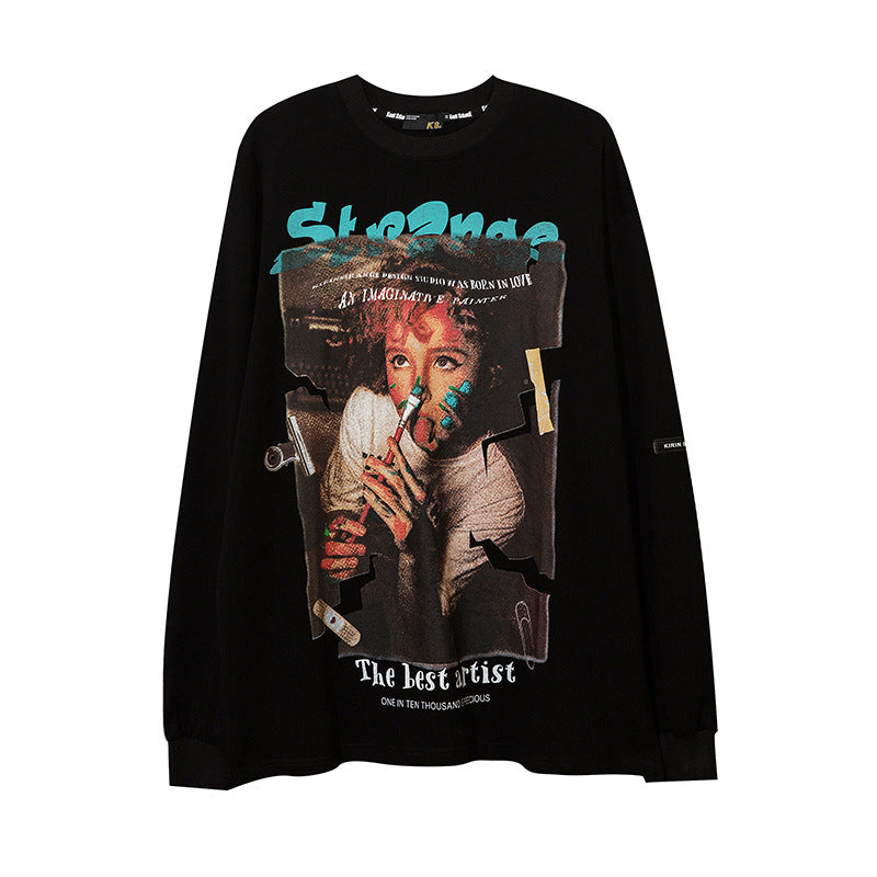 Vintage T Shirts Hip Hop Vintage Painting Kids Print Long Sleeve T-Shirt