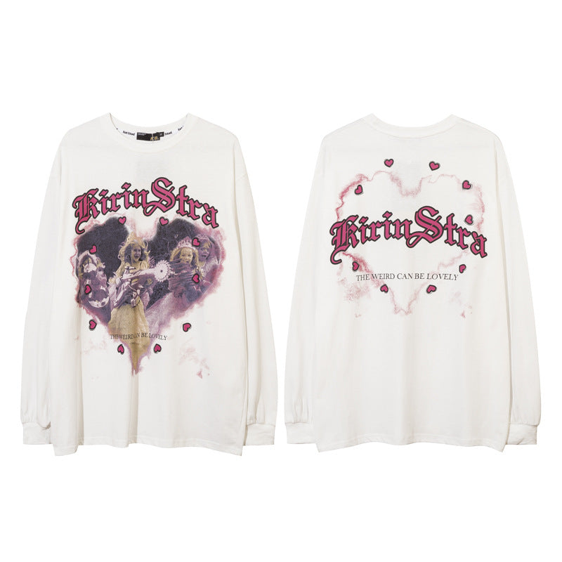 Vintage T Shirts Hip Hop Portrait Print Long Sleeve T-Shirt Loose Couple oversize