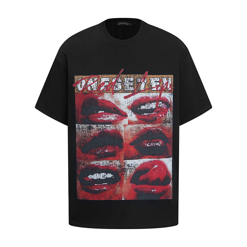 Hip hop clothing new york summer vintage hip hop lip print wash t-shirt short sleeve