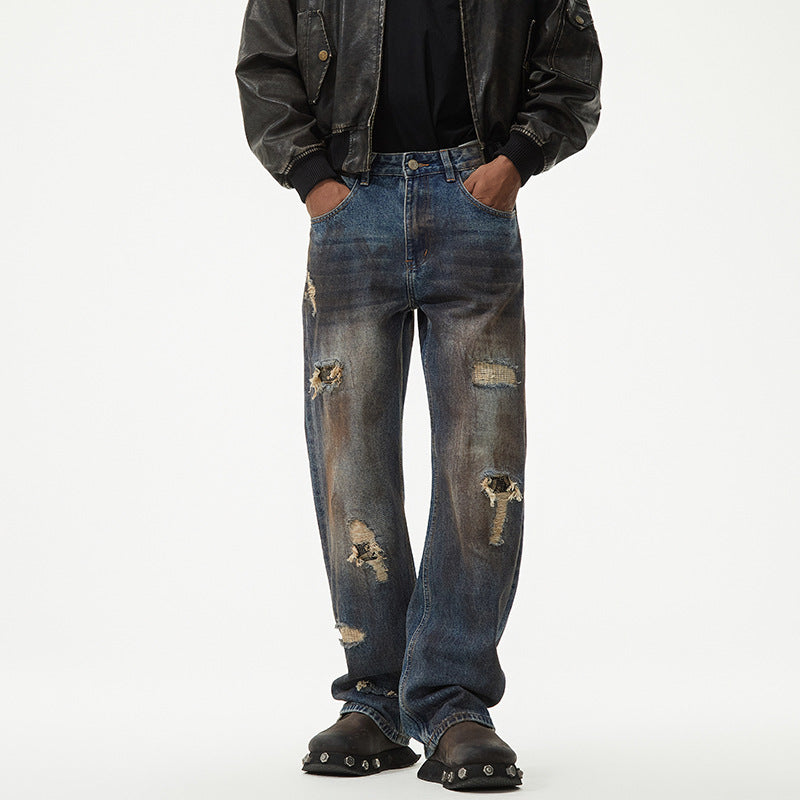 1990 Fashion Jeans Retro Old Ripped Straight Loose Denim Trousers