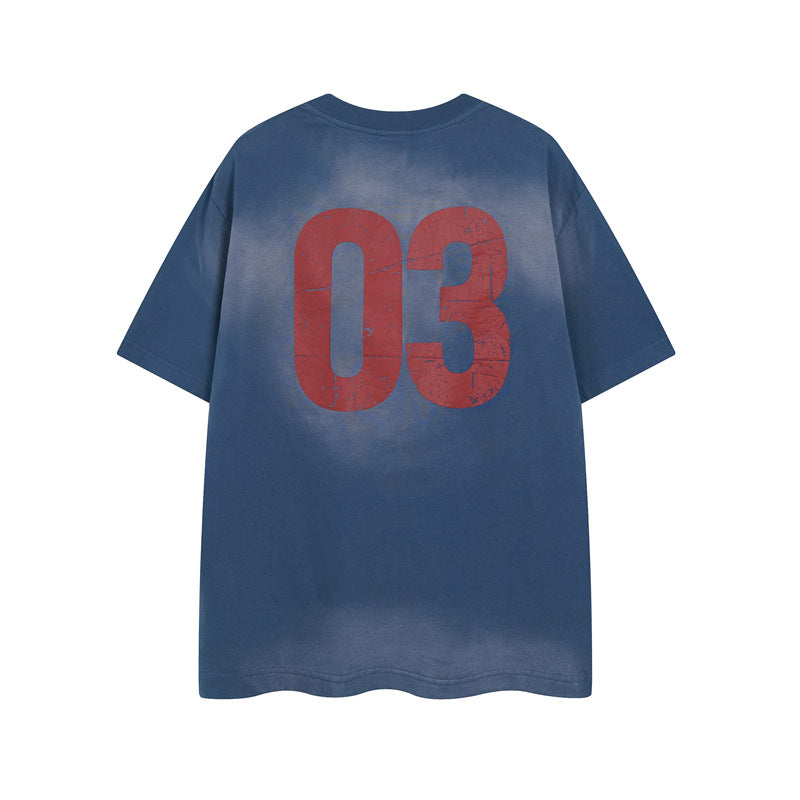 Y2K mens shirt washed tie-dye cartoon round neck short-sleeved T-shirt