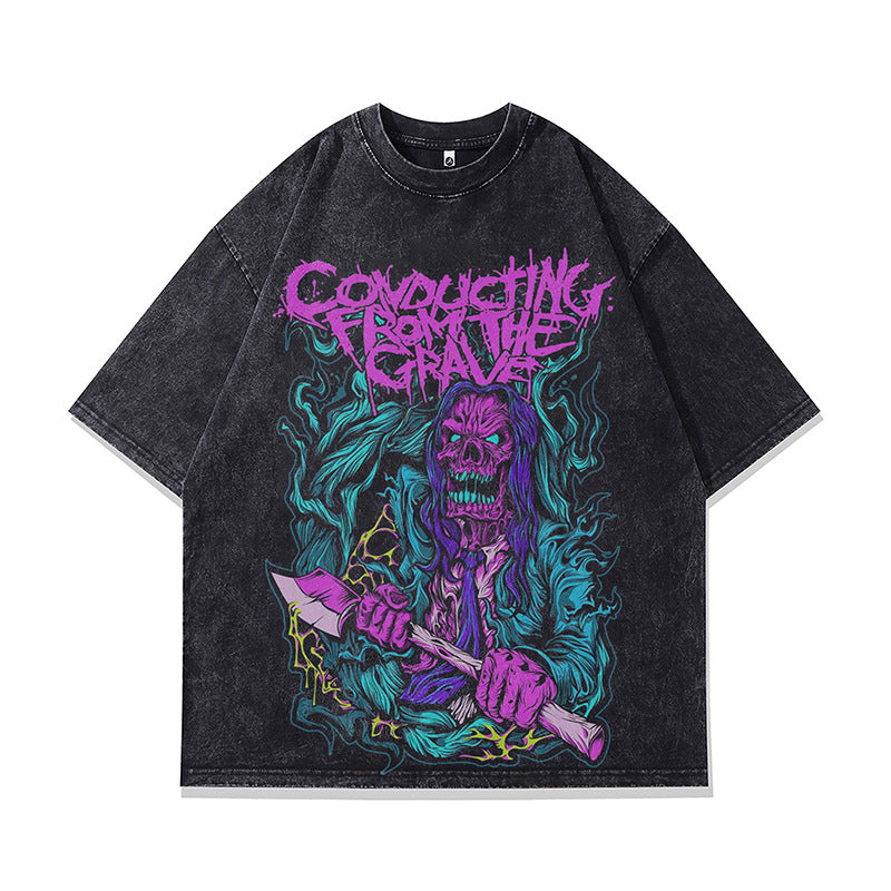 Ropa Vintage Hombre Skull Print Washed Old Oversize Short Sleeve T-Shirt