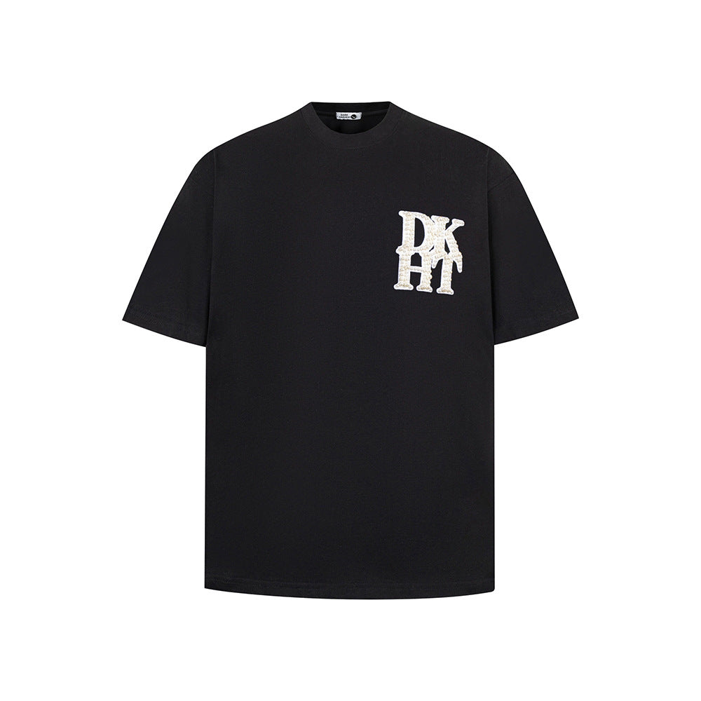 New York Hip Hop Style Pearl Embroidered Short Sleeve T-Shirt