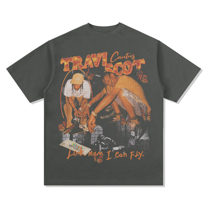New york hip hop shop BC hip hop rap Travis Scott TS print short sleeve washed old t-shirt
