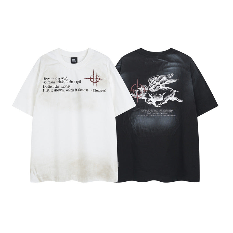 Y2K mens shirt retro loose round neck men's short sleeve T-shirt