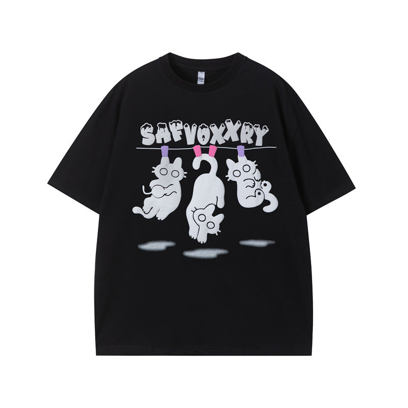 Vintage Tišö Rt Cat Short Sleeve T-Shirt Summer Casual Couple Loose Top