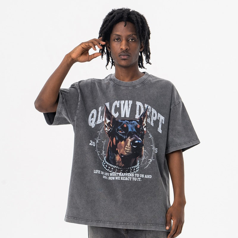 Vintage College Shirts Spring Doberman Printed Washed Old Short Sleeve T-Shirts