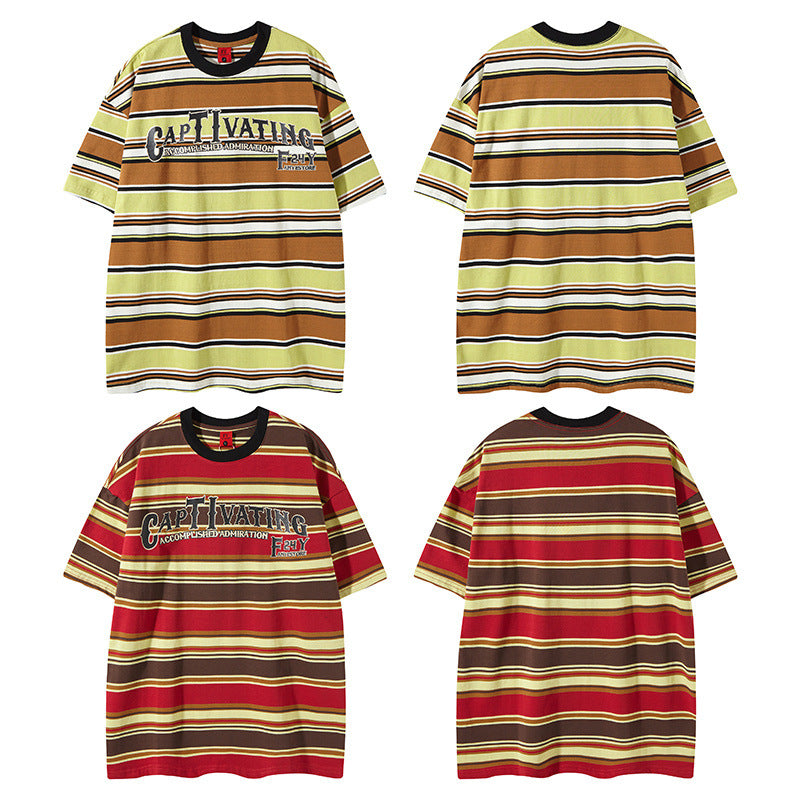 Y2K mens shirt vintage hip hop crew neck striped t-shirt
