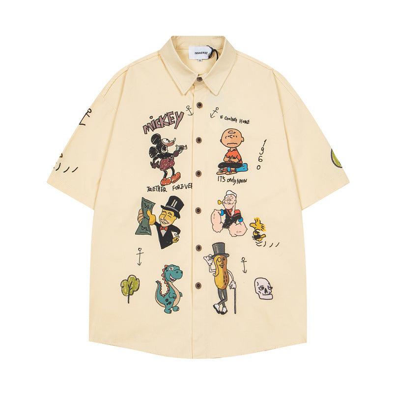 Y2K mens shirt vintage embroidered short-sleeved shirt