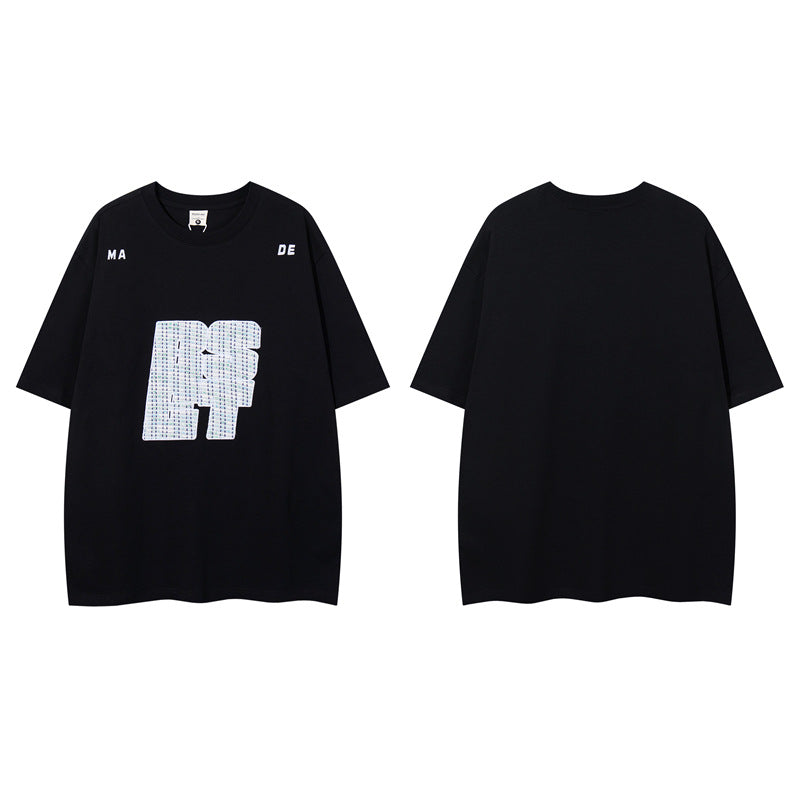 Y2K mens shirt embroidered letter round neck short-sleeved shirt