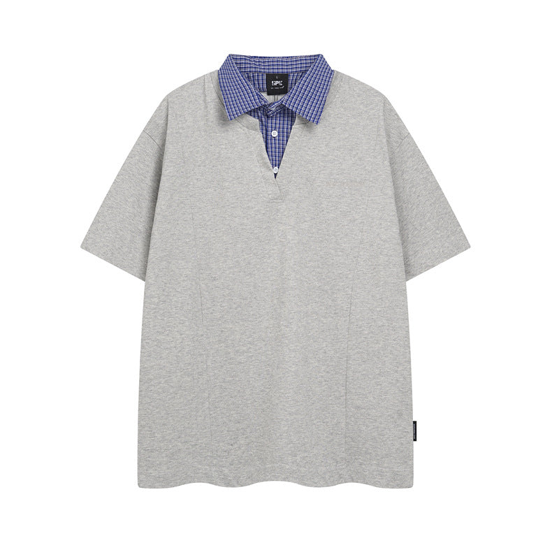 Y2K mens shirt retro sports style denim neck splicing embroidered polo shirt