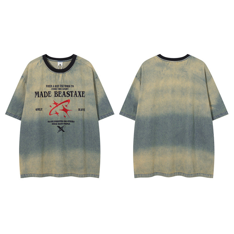 Y2k mens shirt retro fun cartoon heavy industry embroidery washed denim short-sleeved t-shirt