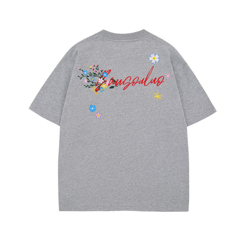 US drip outfits Summer Vintage Floral Embroidery Casual Loose Short Sleeve T-Shirts
