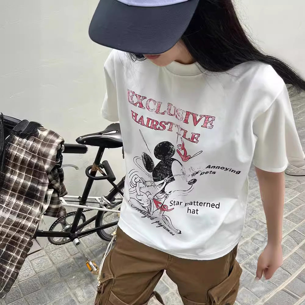 Streetwear Eua t shirt cartoon Mickey print old retro men and women couple short sleeve t-shirt