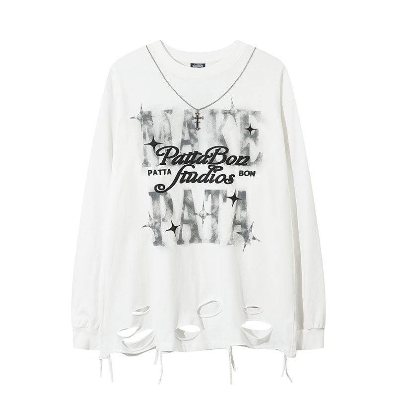 New York Hip Hop Style Long Sleeve T-Shirt Oversize Loose Crew Neck Ripped Top