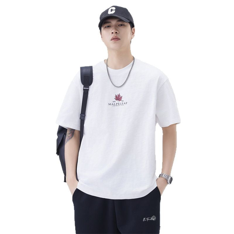 Men T-shirts Summer Short Sleeve Loose Maple Print Top