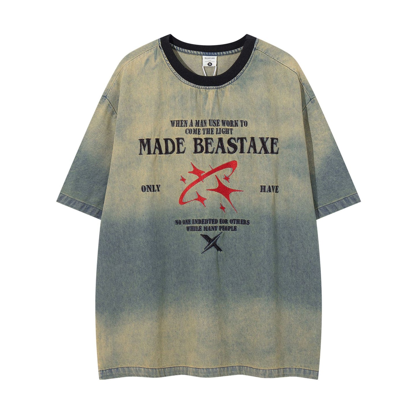 60s Style T Shirts Summer retro gradual change color washed denim short sleeve T-shirt
