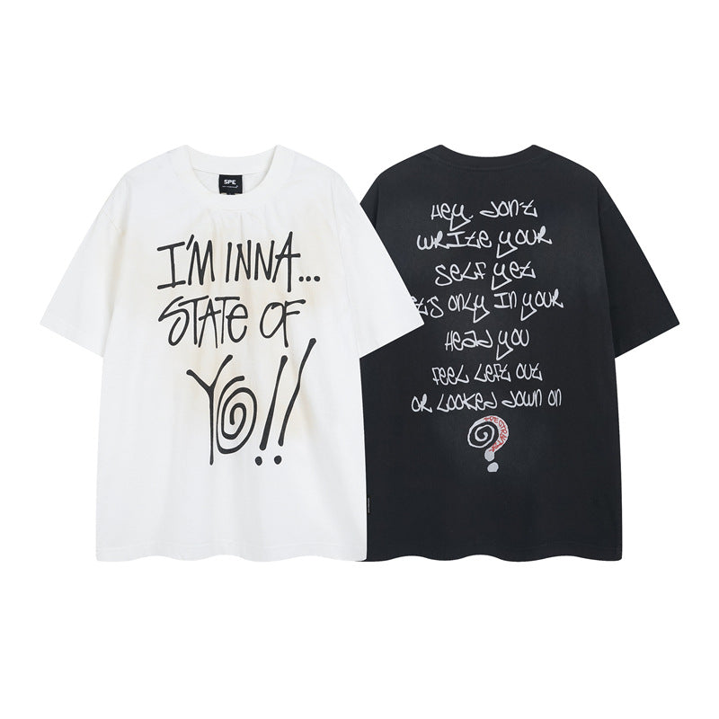 Y2K mens shirt washed loose and old letter question mark printed crew neck T-shirt