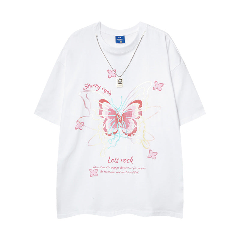Nostalgia T Shirts Butterfly Print Necklace Short Sleeve T-Shirt