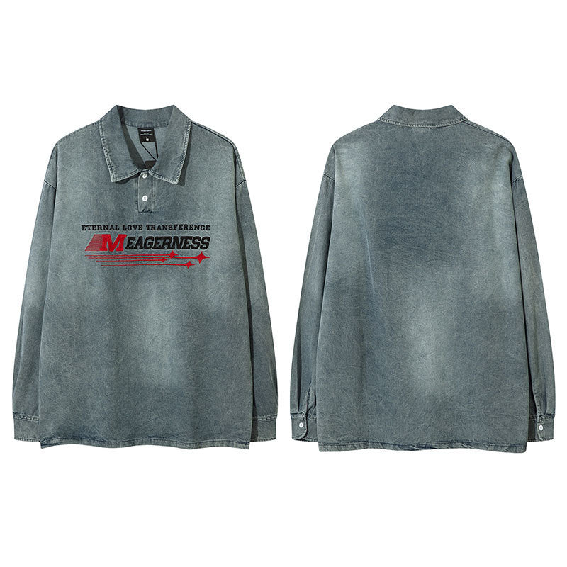 Marcas De Streetwear Denim POLO Neck Long Sleeve T-Shirt Loose Casual Men's and Women's Top