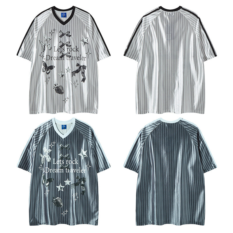 Nyc 1990 Shirt Striped V-Neck Short Sleeve T-Shirt