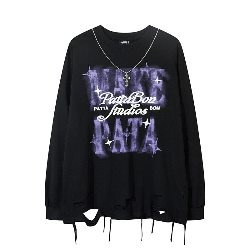 New York Hip Hop Style Long Sleeve T-Shirt Oversize Loose Crew Neck Ripped Top