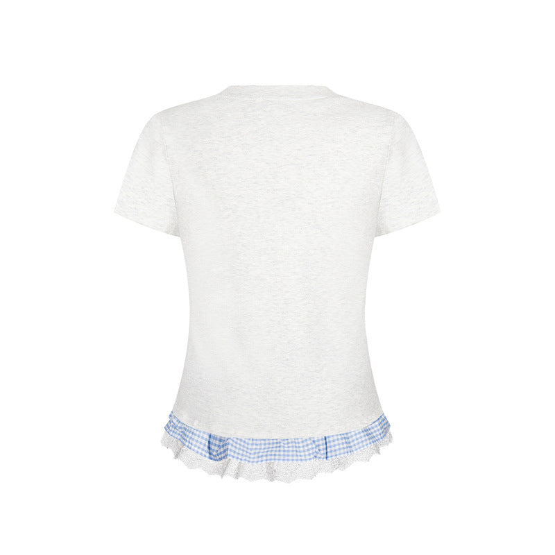 Casual Street Wear Embroidered Classic Alphabet Bow T-Shirt Crew Neck