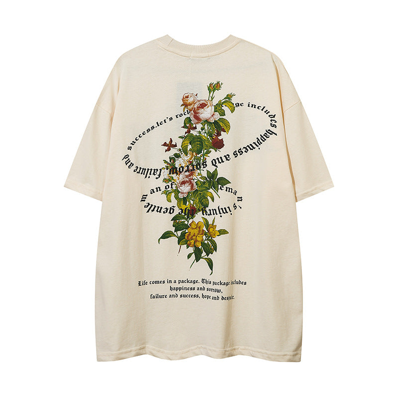 Vintage T Shirts Hip Hop Retro Floral Print Short Sleeve T-Shirt