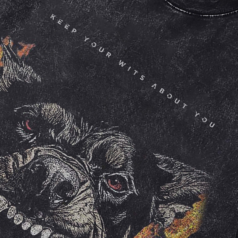 Ropa Vintage Hombre Vintage Doberman Printed Washed Old Short Sleeve T-Shirt