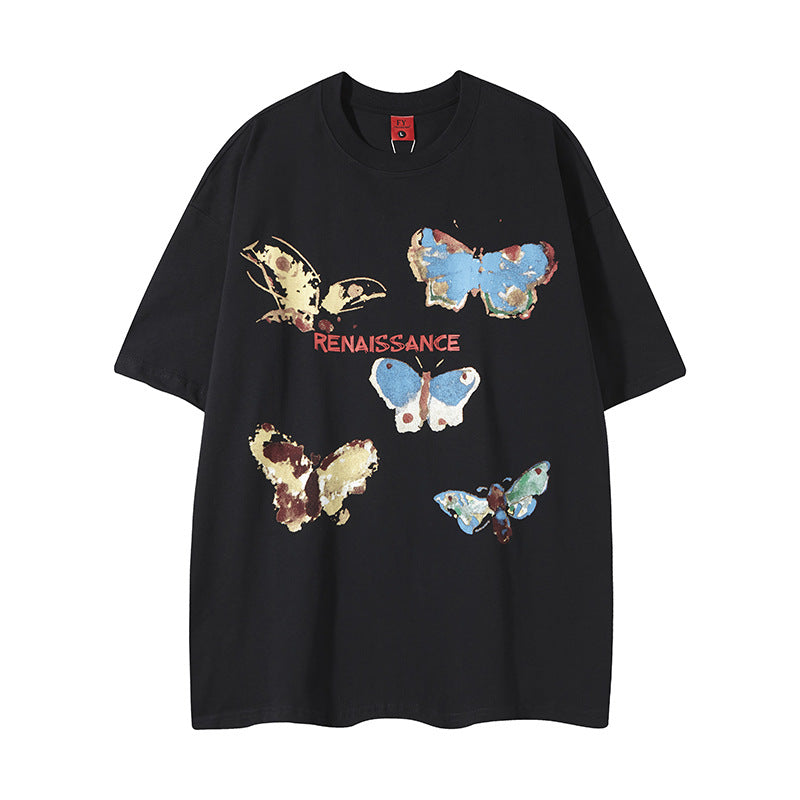 Nostalgia T Shirts Butterfly Print Short Sleeve T-Shirt Hip Hop Loose Crew Neck T-Shirt