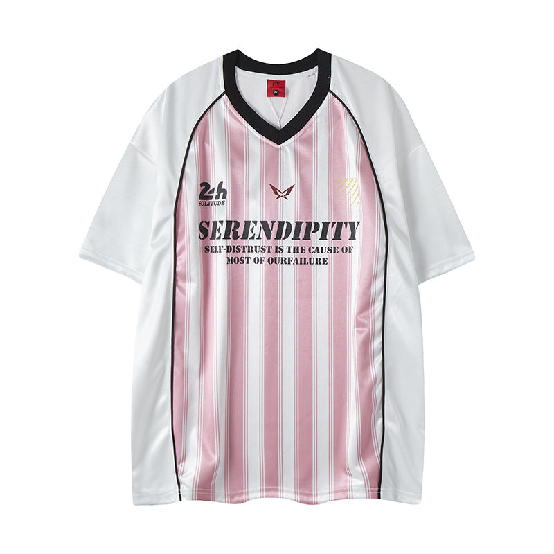 New York Hip Hop Style Vertical Stripe Letter Print V-Neck T-Shirt