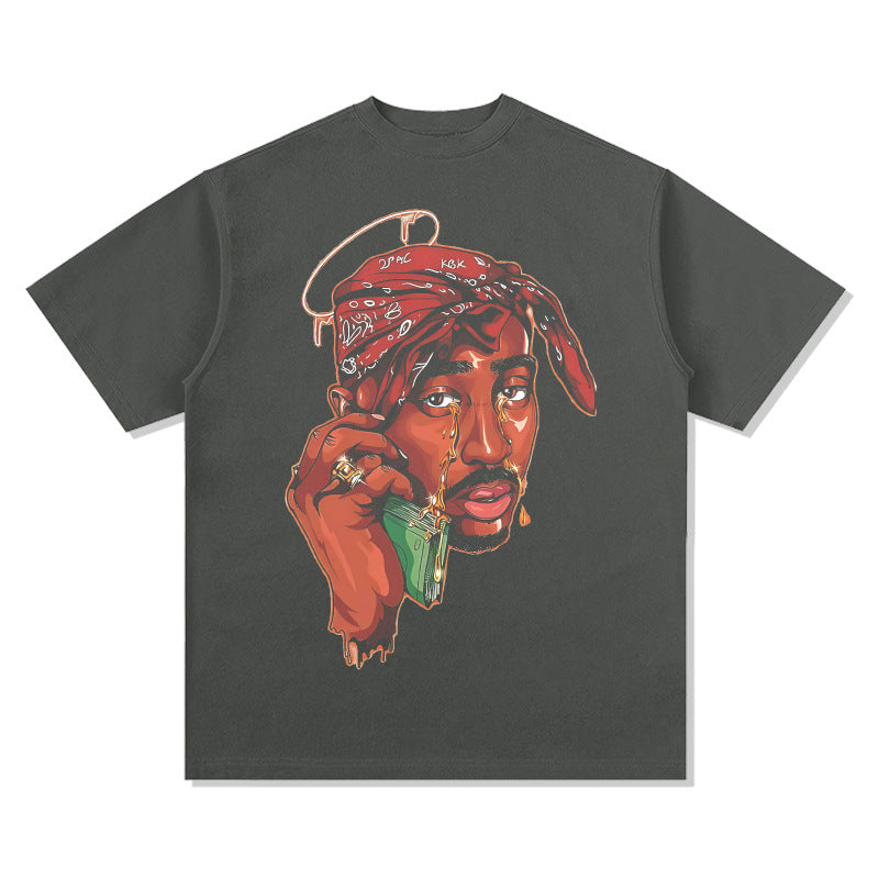 Streetwear masculino vintage hip hop tupac print short sleeve t-shirt