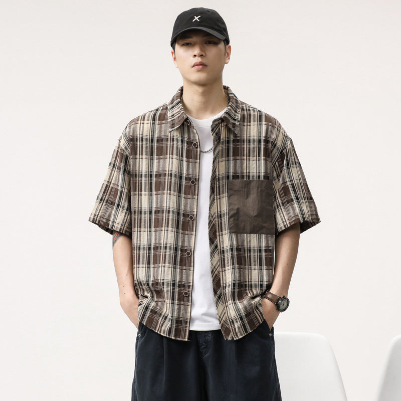 Men T-shirts Vintage Plaid Shirt Short Sleeve Summer Loose
