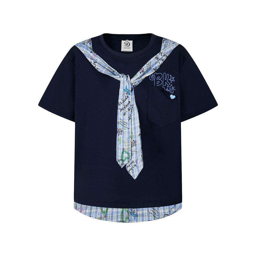 Nostalgia T Shirts 2 Vintage Tie Fake Two-piece Men's and Women's Summer Couple Short Sleeve T-Shirt Loose Casual Plaid